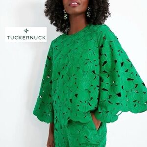 TUCKERNUCK Atlantic-Pacific Mia Blouse Kelly Green L 3D Eyelet Lace Bell Sleeves